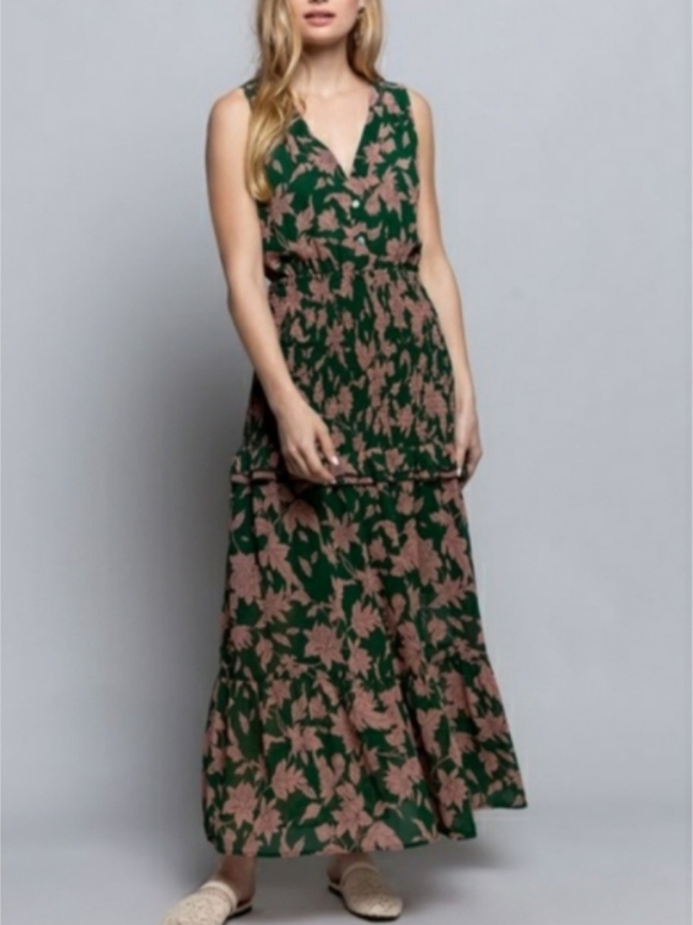 New: POL Boho Mixed Floral Print V-Neckline Ruffle Tiered Maxi Dress• Large